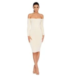 Bare Enough Off The Shoulder Double Layered Midi Dress In Ivory