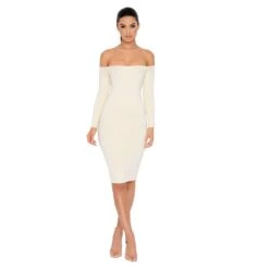 Bare Enough Off The Shoulder Double Layered Midi Dress In Ivory -Women Clothes Shop 1095 cream edit3