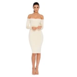 Bare Enough Off The Shoulder Double Layered Midi Dress In Ivory -Women Clothes Shop 1095 cream edit6