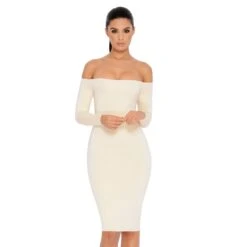 Bare Enough Off The Shoulder Double Layered Midi Dress In Ivory -Women Clothes Shop 1095 cream edit6 cut