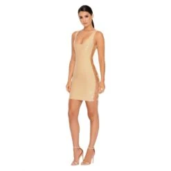 Chain Me Down Cut Out Vinyl Mini Dress In Cream -Women Clothes Shop 1173 beige edit5