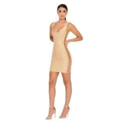 Chain Me Down Cut Out Vinyl Mini Dress In Cream -Women Clothes Shop 1173 beige edit6