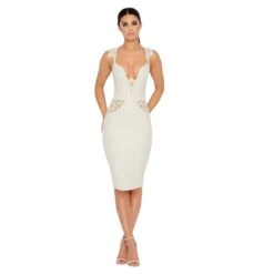 Down In The Deets Lace Plunge Midi Dress In Cream -Women Clothes Shop 1313 cream edit3