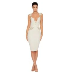 Down In The Deets Lace Plunge Midi Dress In Cream -Women Clothes Shop 1313 cream edit4