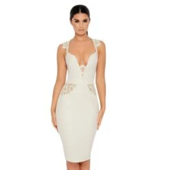 Down In The Deets Lace Plunge Midi Dress In Cream -Women Clothes Shop 1313 cream edit4 cut