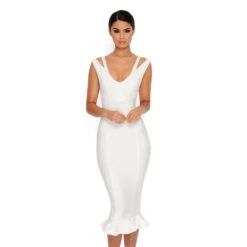 Frill Ride Peplum Hem Midi Dress In White -Women Clothes Shop 1415 white main