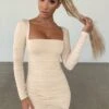 Long Sleeve Ruched Mini Dress In Oyster White -Women Clothes Shop 1819 1 flatter me oyster white ruched scoop back long sleeve mini dress 1