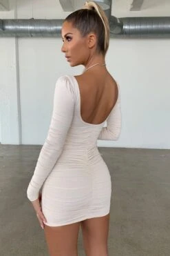 Long Sleeve Ruched Mini Dress In Oyster White -Women Clothes Shop 1819 owhite