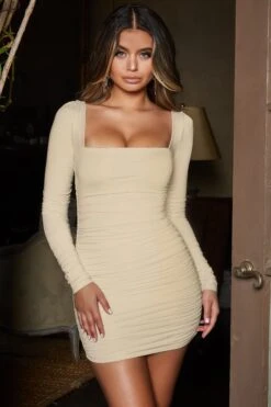 Long Sleeve Ruched Mini Dress In Oyster White -Women Clothes Shop 1819 oysterwhite edit7 1