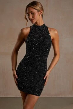 Hand Embellished Couture Halter Neck Mini Dress In Black -Women Clothes Shop 21182 5 Black Halterneck Mini Dress