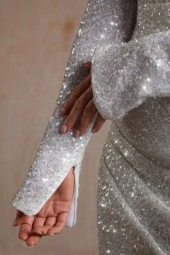 Hand Embellished Couture Draped Long Sleeve Mini Dress In White -Women Clothes Shop 22017 3 Silver Embellished Draped Long Sleeve Mini Dress