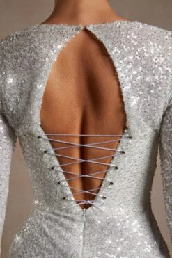 Hand Embellished Couture Draped Long Sleeve Mini Dress In White -Women Clothes Shop 22017 4 Silver Embellished Draped Long Sleeve Mini Dress