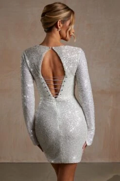 Hand Embellished Couture Draped Long Sleeve Mini Dress In White -Women Clothes Shop 22017 6 Silver Embellished Draped Long Sleeve Mini Dress