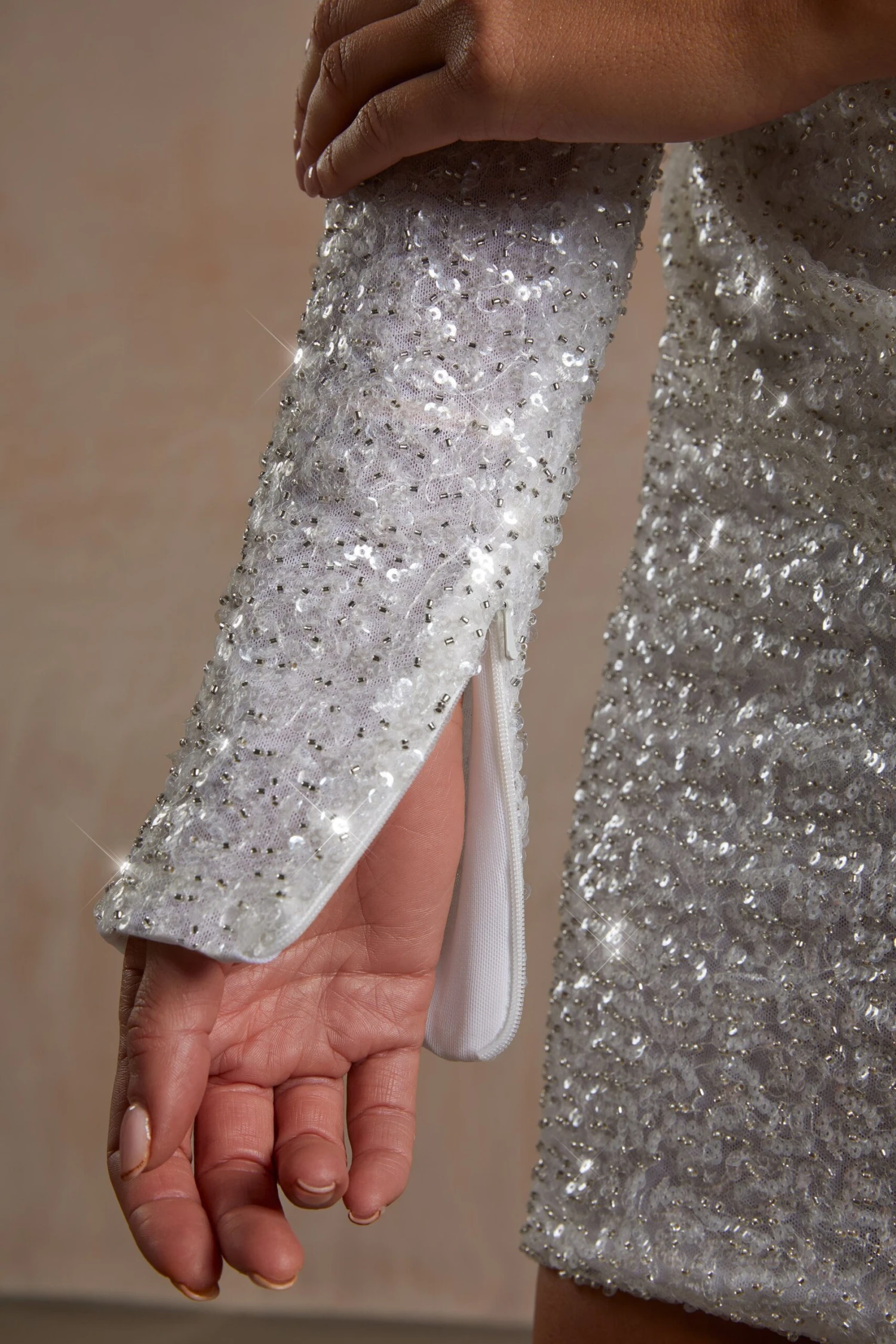 Hand Embellished Couture Draped One Shoulder Mini Dress In White 10 Hand Embellished Couture Draped One Shoulder Mini Dress In White - Image 8