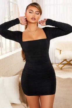 Long Sleeve Bodycon Mini Dress In Black -Women Clothes Shop 2254 4 ground rules black ruched square neckline criss cross tie back mini dress