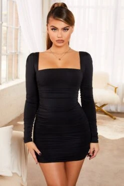 Long Sleeve Bodycon Mini Dress In Black -Women Clothes Shop 2254 5 ground rules black ruched square neckline criss cross tie back mini dress