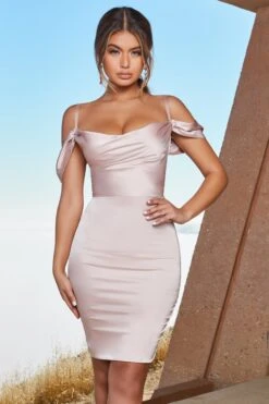 Satin Cowl Neck Knee Length Dress In Blush -Women Clothes Shop 2314 1 modern romance blush off shoulder satin mini dress