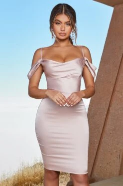 Satin Cowl Neck Knee Length Dress In Blush -Women Clothes Shop 2314 2 modern romance blush off shoulder satin mini dress