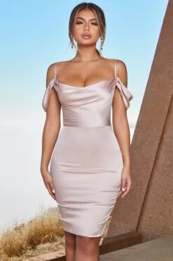 Satin Cowl Neck Knee Length Dress In Blush -Women Clothes Shop 2314 3 modern romance blush off shoulder satin mini dress