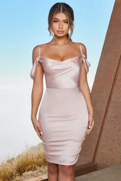 Satin Cowl Neck Knee Length Dress In Blush -Women Clothes Shop 2314 4 modern romance blush off shoulder satin mini dress