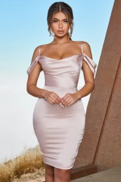 Satin Cowl Neck Knee Length Dress In Blush
