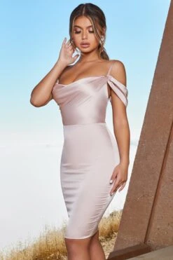 Satin Cowl Neck Knee Length Dress In Blush -Women Clothes Shop 2314 8 modern romance blush off shoulder satin mini dress