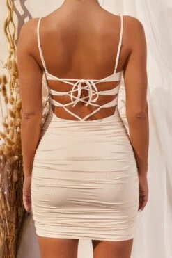 Cross It Off Tie Back Ruched Mini Dress In Ivory -Women Clothes Shop 2430 7 cross it off ivory ruched bust flattering mini dress 1