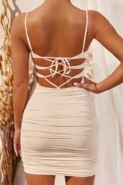 Cross It Off Tie Back Ruched Mini Dress In Ivory -Women Clothes Shop 2430 8 cross it off ivory ruched bust flattering mini dress 1