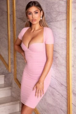 Ruched Cap Sleeve Knee Length Dress In Pink -Women Clothes Shop 2463 2 break hearts pink ruched t shirt sleeve low cut mini dress