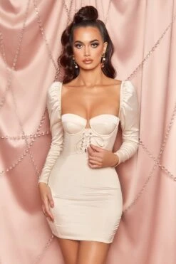 Extraordinary Satin Lace Up Puff Sleeve Mini Dress In Cream -Women Clothes Shop 2747 1 extraordinary white long sleeve corset bustier satin mini dress main