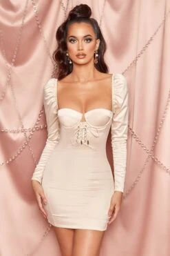 Extraordinary Satin Lace Up Puff Sleeve Mini Dress In Cream -Women Clothes Shop 2747 2 extraordinary white long sleeve corset bustier satin mini dress 2