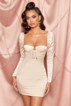 Extraordinary Satin Lace Up Puff Sleeve Mini Dress In Cream -Women Clothes Shop 2747 5 extraordinary white long sleeve corset bustier satin mini dress 2