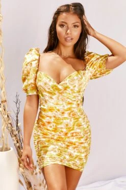 Puff Sleeve Wrap Front Mini Dress In Lemon -Women Clothes Shop 2970 2 where love grows lemon puff sleeve ruched floral sweetheart neckline mini dress