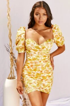 Puff Sleeve Wrap Front Mini Dress In Lemon -Women Clothes Shop 2970 4 where love grows lemon puff sleeve ruched floral sweetheart neckline mini dress