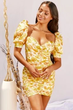 Puff Sleeve Wrap Front Mini Dress In Lemon -Women Clothes Shop 2970 5 where love grows lemon puff sleeve ruched floral sweetheart neckline mini dress