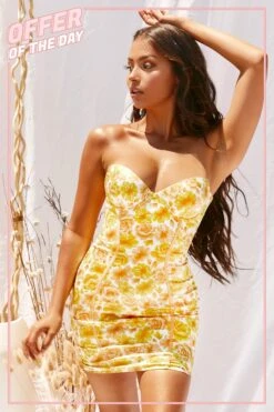 Strapless Satin Mini Dress In Lemon -Women Clothes Shop 2974 lemon front