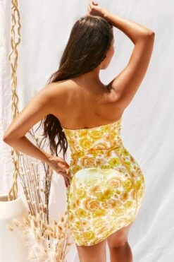 Strapless Satin Mini Dress In Lemon -Women Clothes Shop 2974 11 time to blossom lemon strapless sweetheart neck panels piping floral mini dress