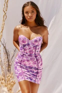 Strapless Satin Mini Dress In Lilac -Women Clothes Shop 2974 2 time to blossom lilac strapless sweetheart neck panels piping floral mini dress