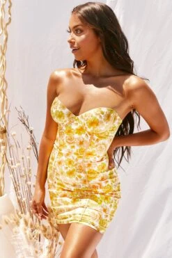Strapless Satin Mini Dress In Lemon -Women Clothes Shop 2974 6 time to blossom lemon strapless sweetheart neck panels piping floral mini dress