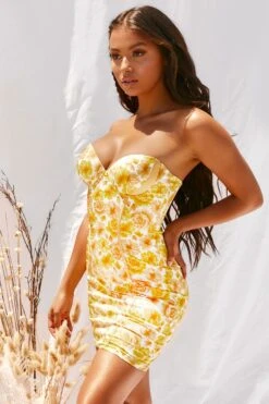 Strapless Satin Mini Dress In Lemon -Women Clothes Shop 2974 9 time to blossom lemon strapless sweetheart neck panels piping floral mini dress