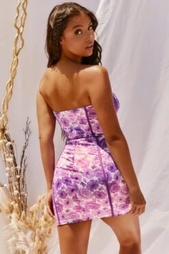 Strapless Satin Mini Dress In Lilac -Women Clothes Shop 2974 9 time to blossom lilac strapless sweetheart neck panels piping floral mini dress