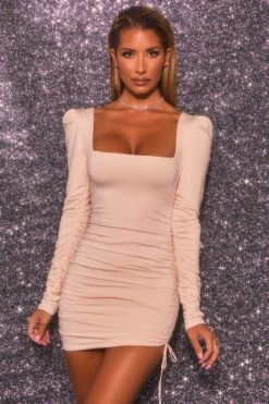 Oh So Flattering Long Sleeve Ruched Mini Dress In Cream -Women Clothes Shop 3487 4 oh so flattering cream ruched long sleeve low back mini dress