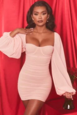 Long Puff Sleeve Ruched Mesh Mini Dress In Blush