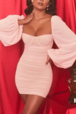Long Puff Sleeve Ruched Mesh Mini Dress In Blush -Women Clothes Shop 3689 5 feeling good blush double layered bust flattering wired cup balloon sleeve mesh ruched mini dress