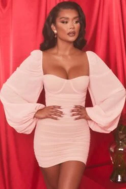 Long Puff Sleeve Ruched Mesh Mini Dress In Blush -Women Clothes Shop 3689 6 feeling good blush double layered bust flattering wired cup balloon sleeve mesh ruched mini dress