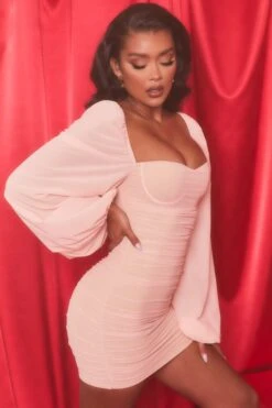 Long Puff Sleeve Ruched Mesh Mini Dress In Blush -Women Clothes Shop 3689 7 feeling good blush double layered bust flattering wired cup balloon sleeve mesh ruched mini dress