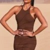 New Cut Petite Exposed Seam Halter Neck Mini Dress In Brown 2 New Cut Petite Exposed Seam Halter Neck Mini Dress In Brown -Women Clothes Shop 3736 2 new cut brown halter cross back exposed seam mini dress