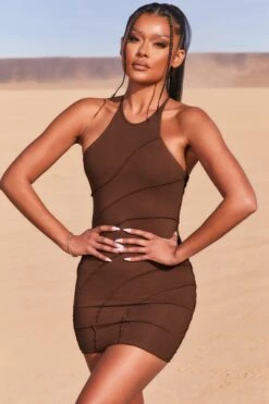 New Cut Petite Exposed Seam Halter Neck Mini Dress In Brown