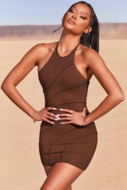 New Cut Petite Exposed Seam Halter Neck Mini Dress In Brown -Women Clothes Shop 3736 3 new cut brown halter cross back exposed seam mini dress