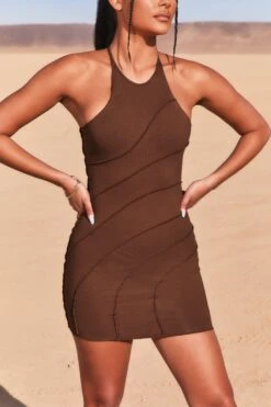 New Cut Petite Exposed Seam Halter Neck Mini Dress In Brown -Women Clothes Shop 3736 4 new cut brown halter cross back exposed seam mini dress
